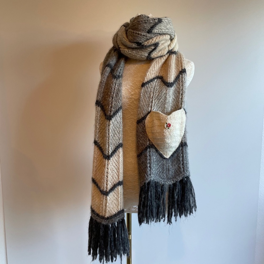 LoveShackFancy Evie Scarf Alpaca Merino‎ Wool Pocket Chevron Knit Fringe